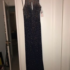 Betsy & Adam Navy Prom Dress with Gems/Sequin